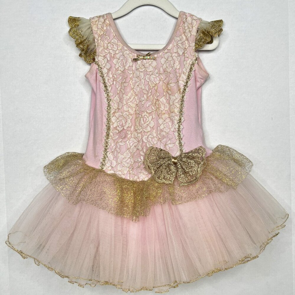 Petal Pink Princess Leo Gold Floral Lace Tule Dance Tutu, Flutter Sleeves Sz XL